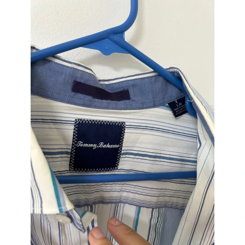 Tommy Bahama Mens Large Blue White Stripe Palm Leaf Long Sleeve Button Shirt‎